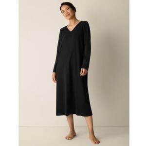 Eileen Fisher Midi Dress Womens Small Black V-Neck Long Sleeve Shift Jersey Knit
